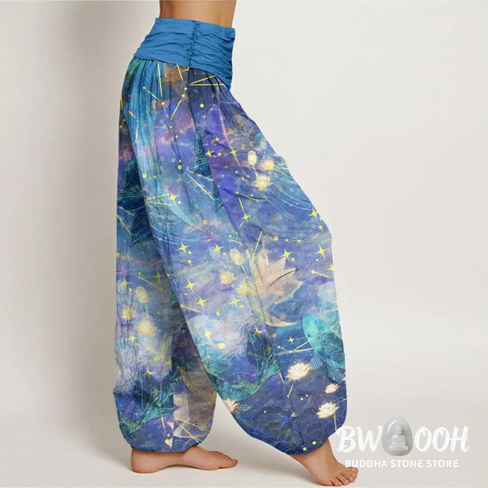 Buddha Stones Cotton Koi Fish Lotus Moon Stars Pattern Women's Elastic Waist Harem Pants - Women's Harem Pants