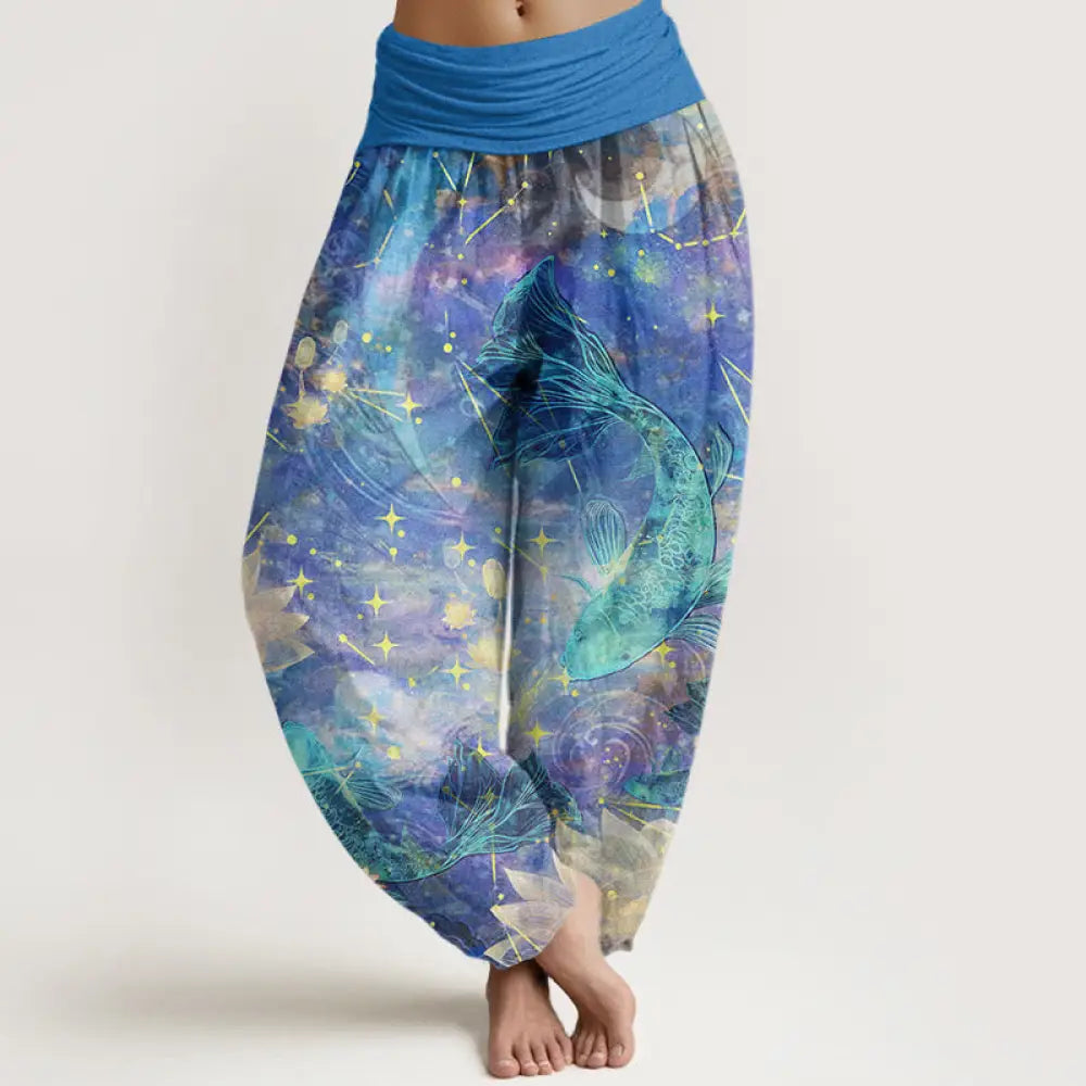 BWOOOH lotus print harem pants - Cotton Koi Fish Lotus Moon Stars Pattern
