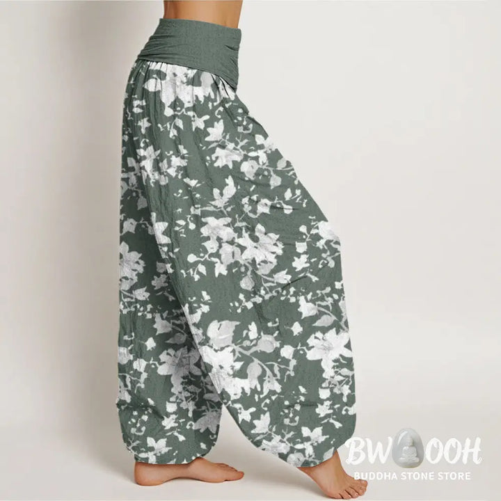 Buddha Stones Cotton Leaves Design Women’s Elastic Waist Harem Pants - Women’s Harem Pants