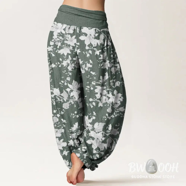Buddha Stones Cotton Leaves Design Women’s Elastic Waist Harem Pants - Women’s Harem Pants