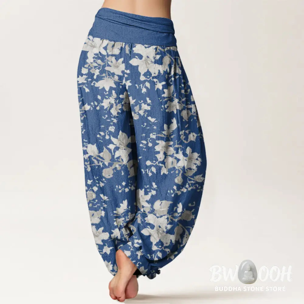 Buddha Stones Cotton Leaves Design Women’s Elastic Waist Harem Pants - Women’s Harem Pants