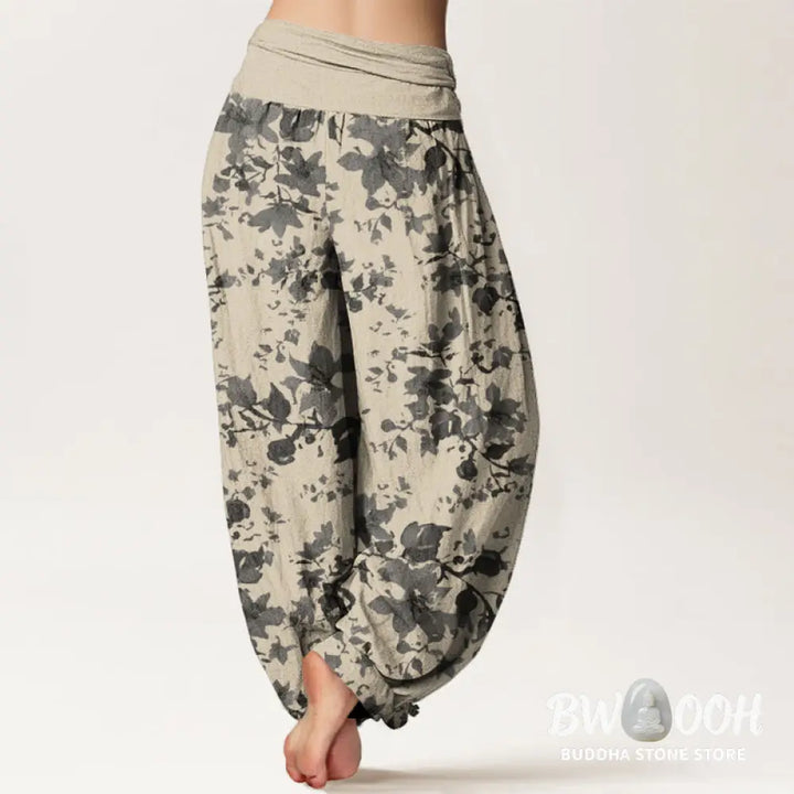 Buddha Stones Cotton Leaves Design Women’s Elastic Waist Harem Pants - Women’s Harem Pants