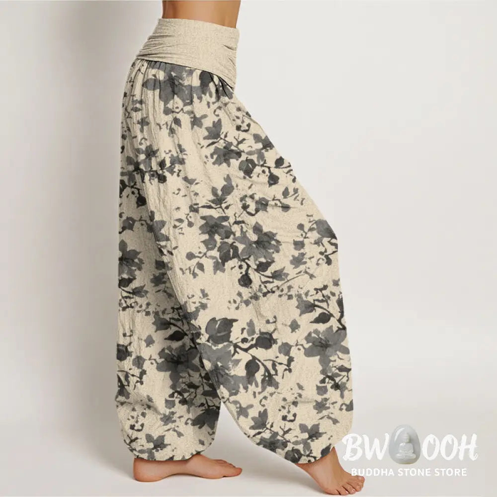 Buddha Stones Cotton Leaves Design Women’s Elastic Waist Harem Pants - Women’s Harem Pants