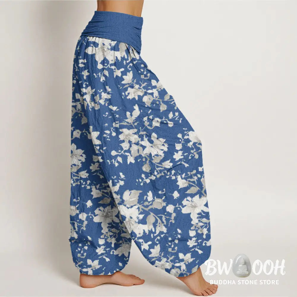 Buddha Stones Cotton Leaves Design Women’s Elastic Waist Harem Pants - Women’s Harem Pants