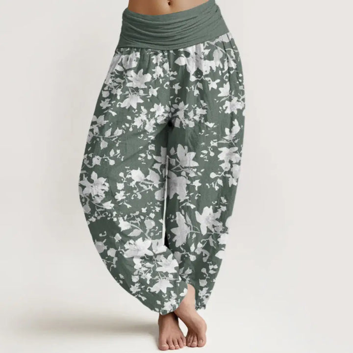 Buddha Stones Cotton Leaves Design Women’s Elastic Waist Harem Pants - DarkSeaGreen / US2，UK/AU6，EU34 (XS) - Women’s