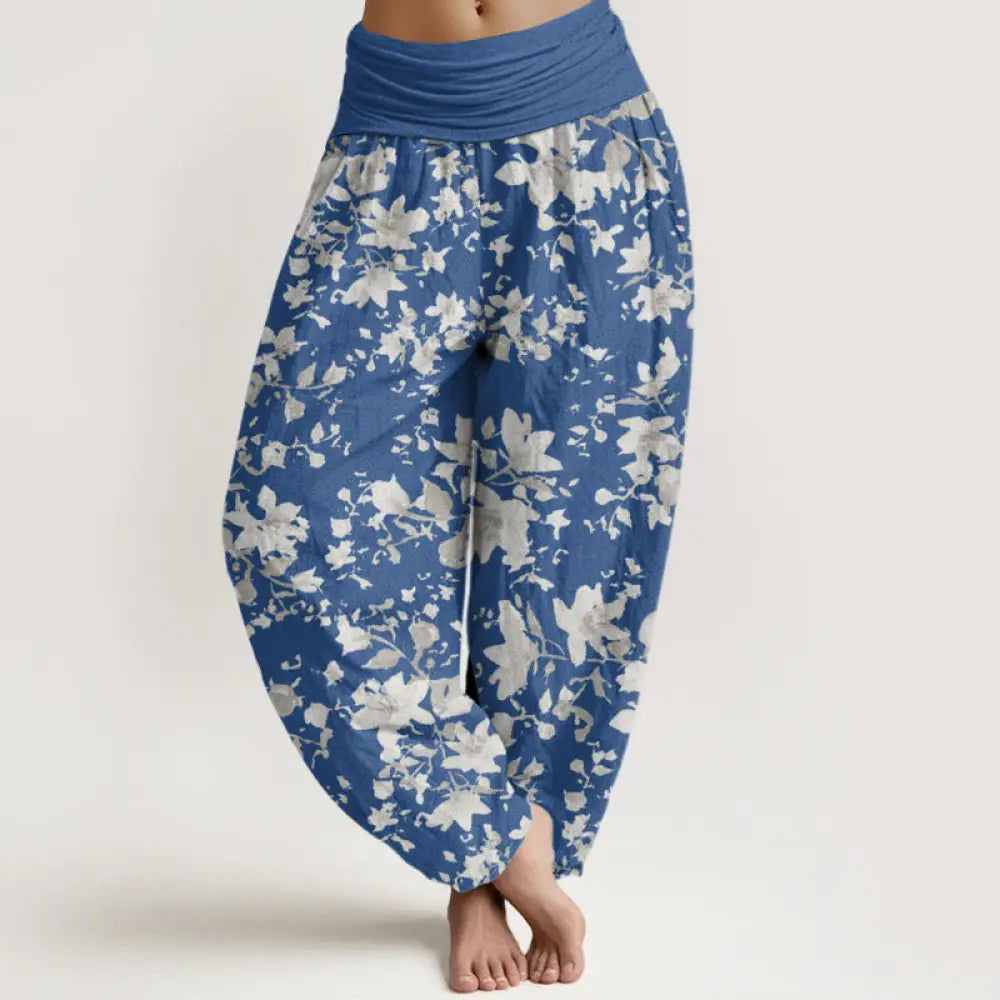 Buddha Stones Cotton Leaves Design Women’s Elastic Waist Harem Pants - SteelBlue / US2，UK/AU6，EU34 (XS) - Women’s Harem
