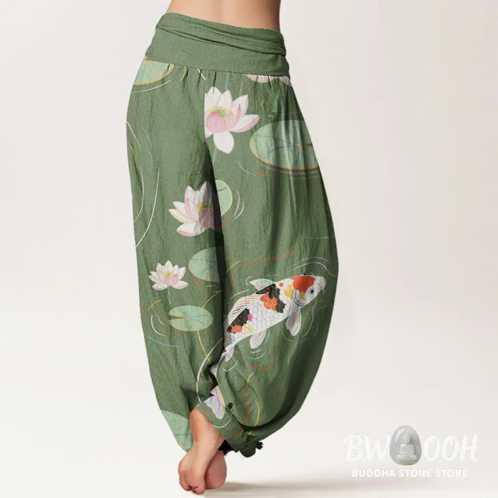 Buddha Stones Cotton Lotus Flower Lotus Leaves Koi Fish Water Ripples Pattern Women’s Elastic Waist Harem Pants