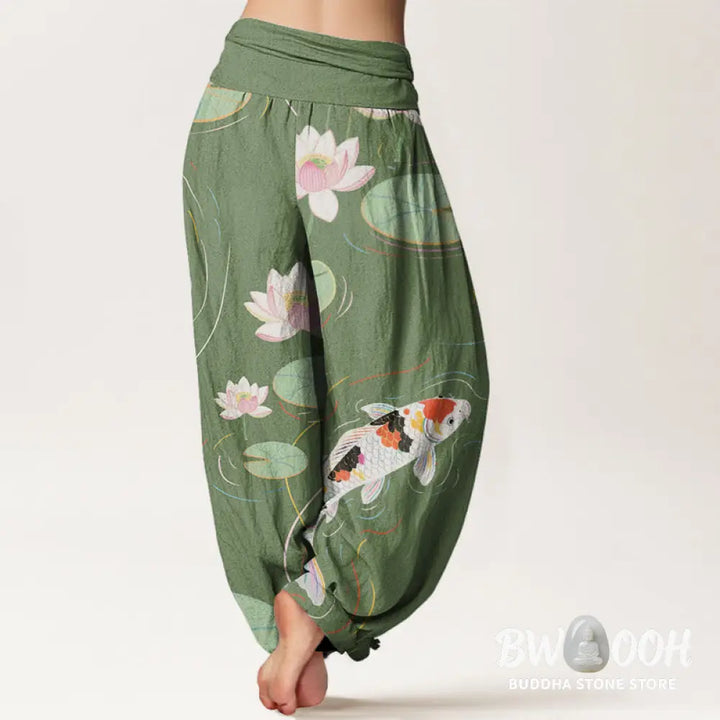 Buddha Stones Cotton Lotus Flower Lotus Leaves Koi Fish Water Ripples Pattern Women’s Elastic Waist Harem Pants