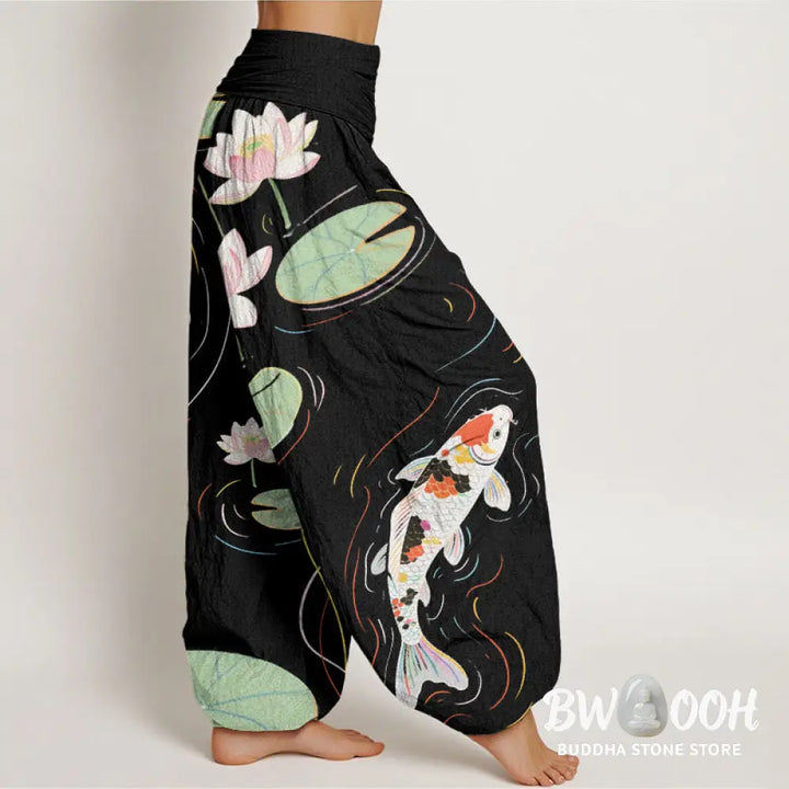 Buddha Stones Cotton Lotus Flower Lotus Leaves Koi Fish Water Ripples Pattern Women’s Elastic Waist Harem Pants