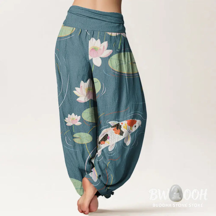 Buddha Stones Cotton Lotus Flower Lotus Leaves Koi Fish Water Ripples Pattern Women’s Elastic Waist Harem Pants
