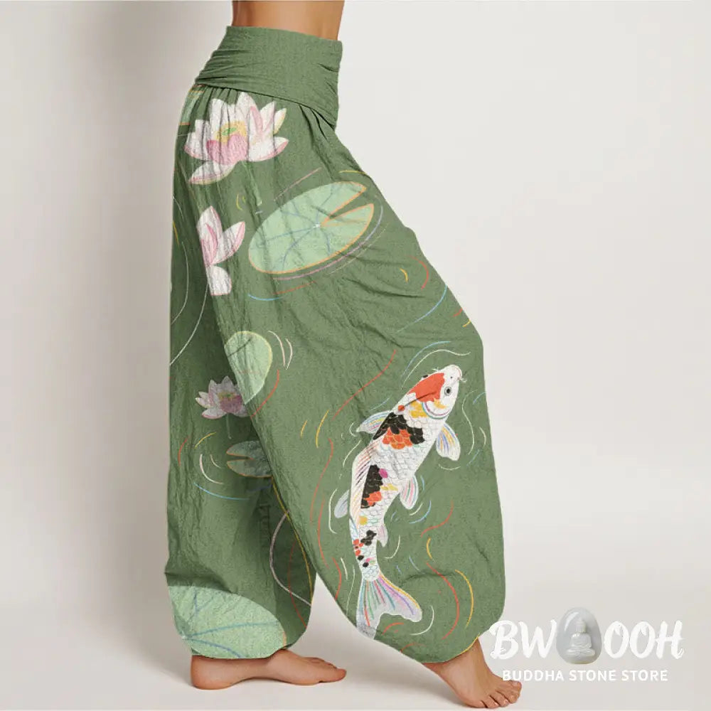 Buddha Stones Cotton Lotus Flower Lotus Leaves Koi Fish Water Ripples Pattern Women’s Elastic Waist Harem Pants