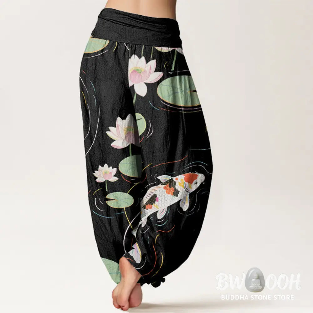 Buddha Stones Cotton Lotus Flower Lotus Leaves Koi Fish Water Ripples Pattern Women’s Elastic Waist Harem Pants
