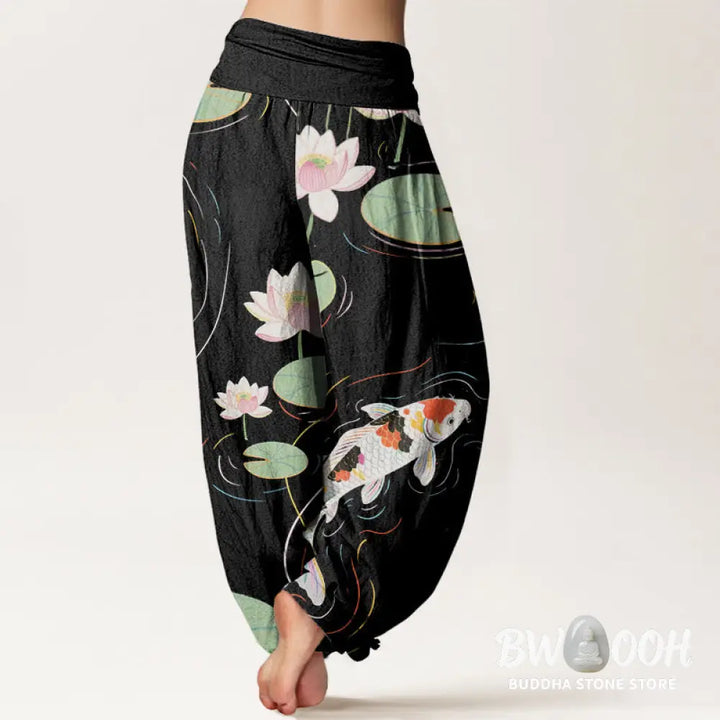 Buddha Stones Cotton Lotus Flower Lotus Leaves Koi Fish Water Ripples Pattern Women’s Elastic Waist Harem Pants