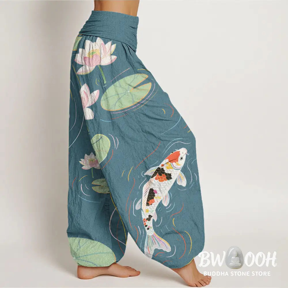 Buddha Stones Cotton Lotus Flower Lotus Leaves Koi Fish Water Ripples Pattern Women’s Elastic Waist Harem Pants