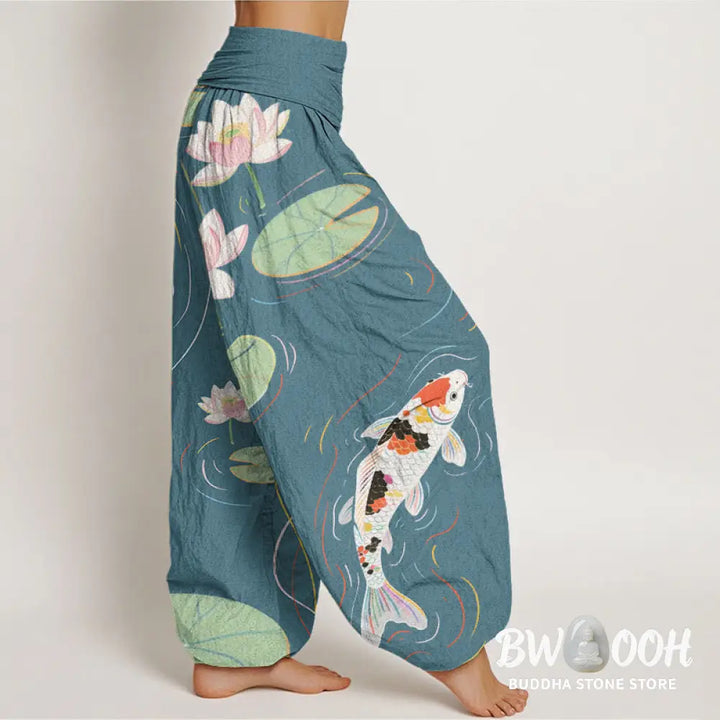 Buddha Stones Cotton Lotus Flower Lotus Leaves Koi Fish Water Ripples Pattern Women’s Elastic Waist Harem Pants
