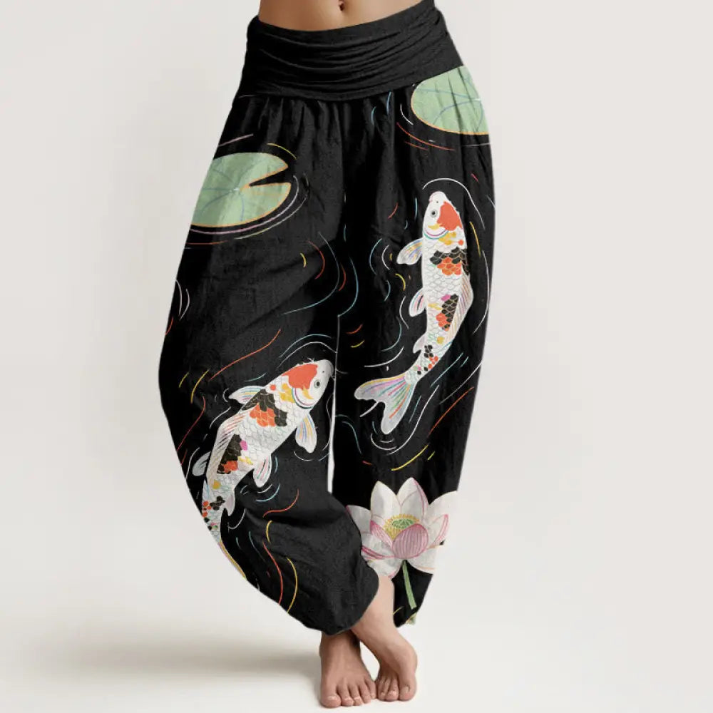 BWOOOH lotus print harem pants - Cotton Lotus Flower Lotus Leaves Koi Fis