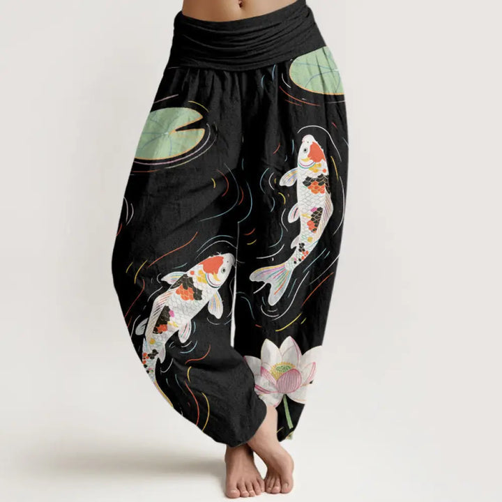 BWOOOH lotus print harem pants - Cotton Lotus Flower Lotus Leaves Koi Fis
