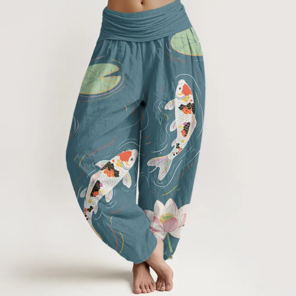 Buddha Stones Cotton Lotus Flower Lotus Leaves Koi Fish Water Ripples Pattern Women’s Elastic Waist Harem Pants