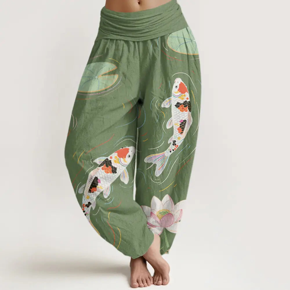 Buddha Stones Cotton Lotus Flower Lotus Leaves Koi Fish Water Ripples Pattern Women’s Elastic Waist Harem Pants