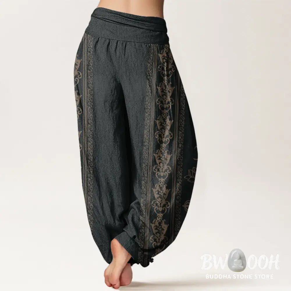 Buddha Stones Cotton Lotus Flowers Double Dorje Vajra Namaste Om Design Women's Elastic Waist Harem Pants - Women's