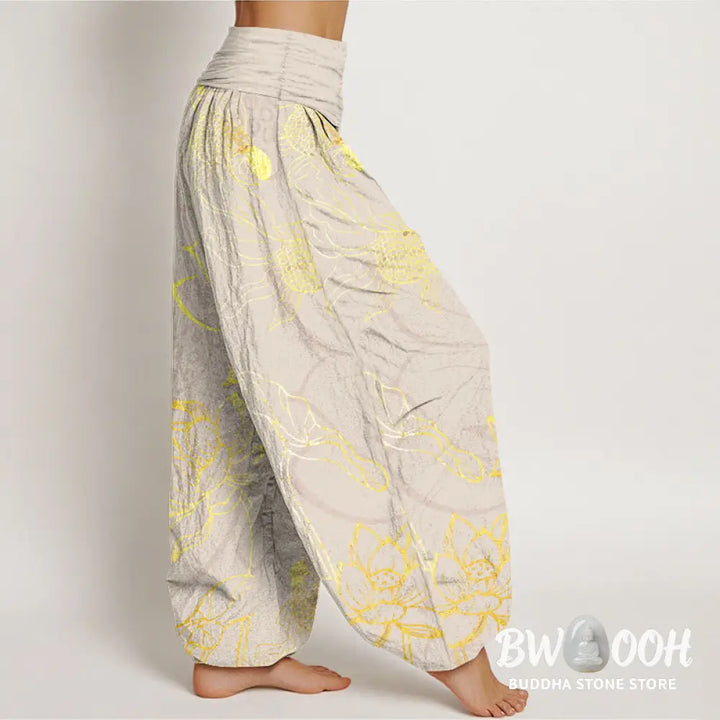 Buddha Stones Cotton Lotus Leaf Koi Fish Women’s Elastic Waist Harem Pants - Women’s Harem Pants