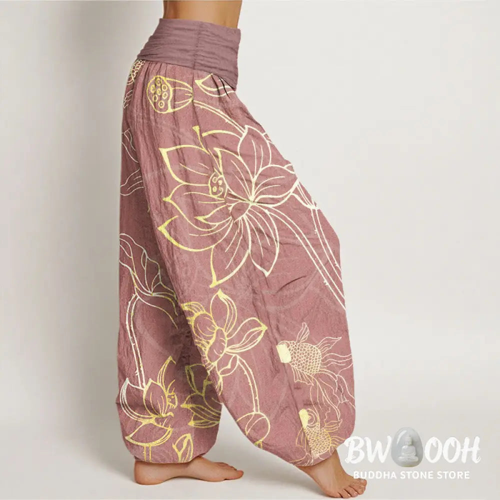 Buddha Stones Cotton Lotus Leaf Koi Fish Women’s Elastic Waist Harem Pants - Women’s Harem Pants