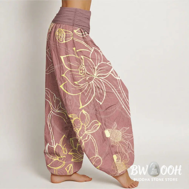 Buddha Stones Cotton Lotus Leaf Koi Fish Women’s Elastic Waist Harem Pants - Women’s Harem Pants