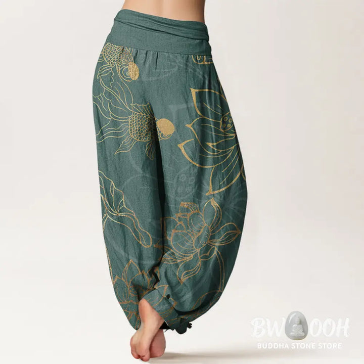 Buddha Stones Cotton Lotus Leaf Koi Fish Women’s Elastic Waist Harem Pants - Women’s Harem Pants