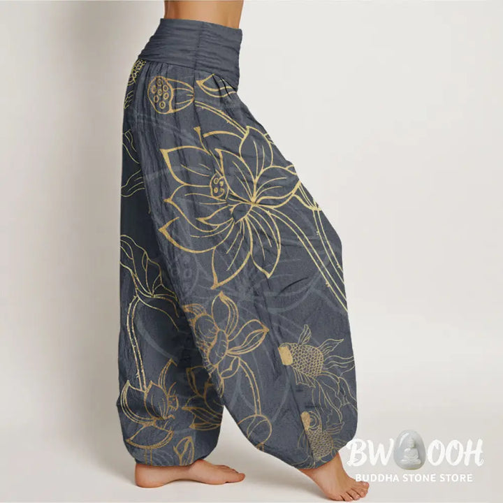 Buddha Stones Cotton Lotus Leaf Koi Fish Women’s Elastic Waist Harem Pants - Women’s Harem Pants