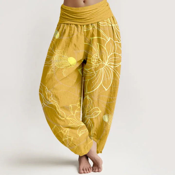 Buddha Stones Cotton Lotus Leaf Koi Fish Women’s Elastic Waist Harem Pants - Gold / US2，UK/AU6，EU34 (XS) - Women’s