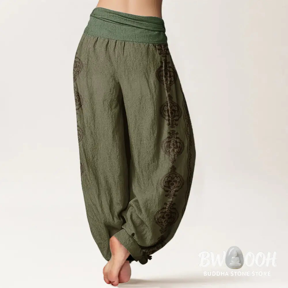 Buddha Stones Cotton Mandala Om Mani Padme Hum Women’s Elastic Waist Harem Pants - Women’s Harem Pants