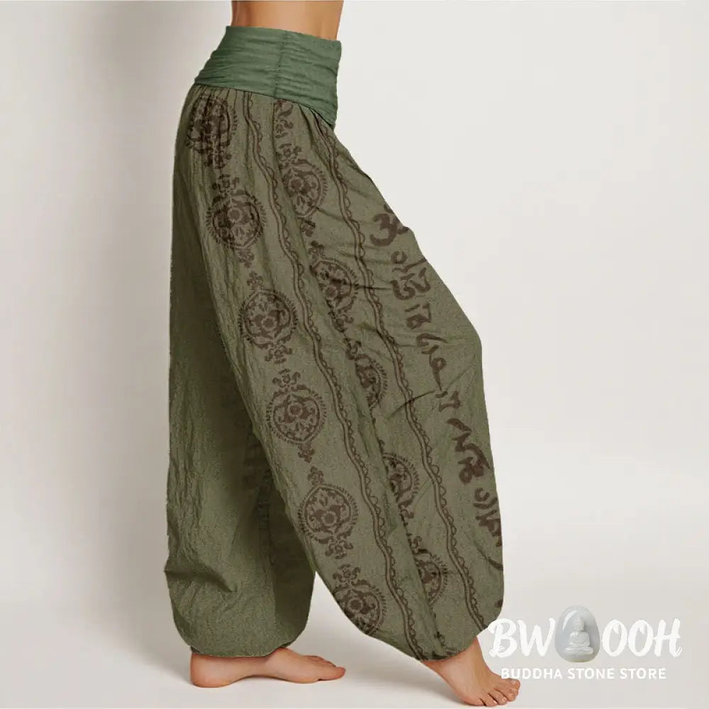 Buddha Stones Cotton Mandala Om Mani Padme Hum Women’s Elastic Waist Harem Pants - Women’s Harem Pants