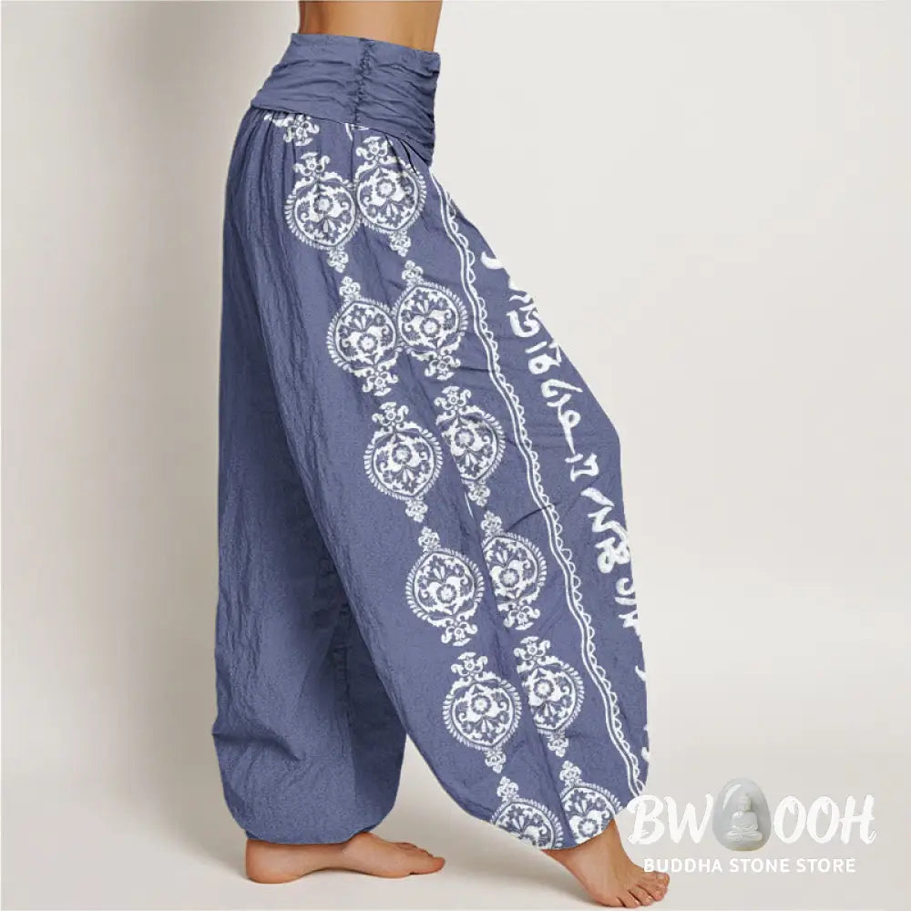 Buddha Stones Cotton Mandala Om Mani Padme Hum Women’s Elastic Waist Harem Pants - Women’s Harem Pants