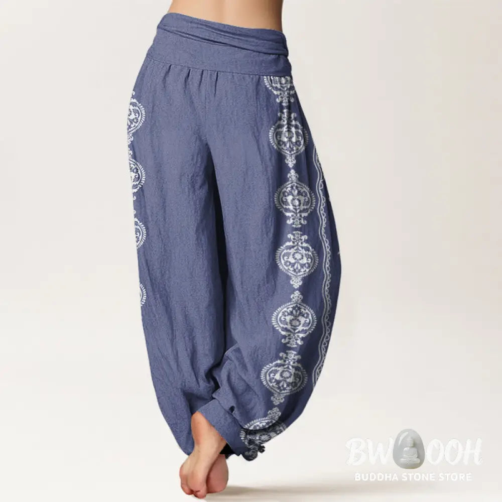 Buddha Stones Cotton Mandala Om Mani Padme Hum Women’s Elastic Waist Harem Pants - Women’s Harem Pants