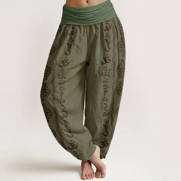 Buddha Stones Cotton Mandala Om Mani Padme Hum Women’s Elastic Waist Harem Pants - DarkOliveGreen / US2，UK/AU6，EU34