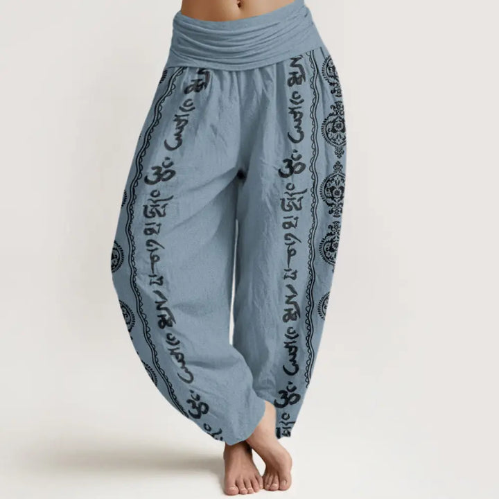 Buddha Stones Cotton Mandala Om Mani Padme Hum Women’s Elastic Waist Harem Pants - LightSteelBlue / US2，UK/AU6，EU34