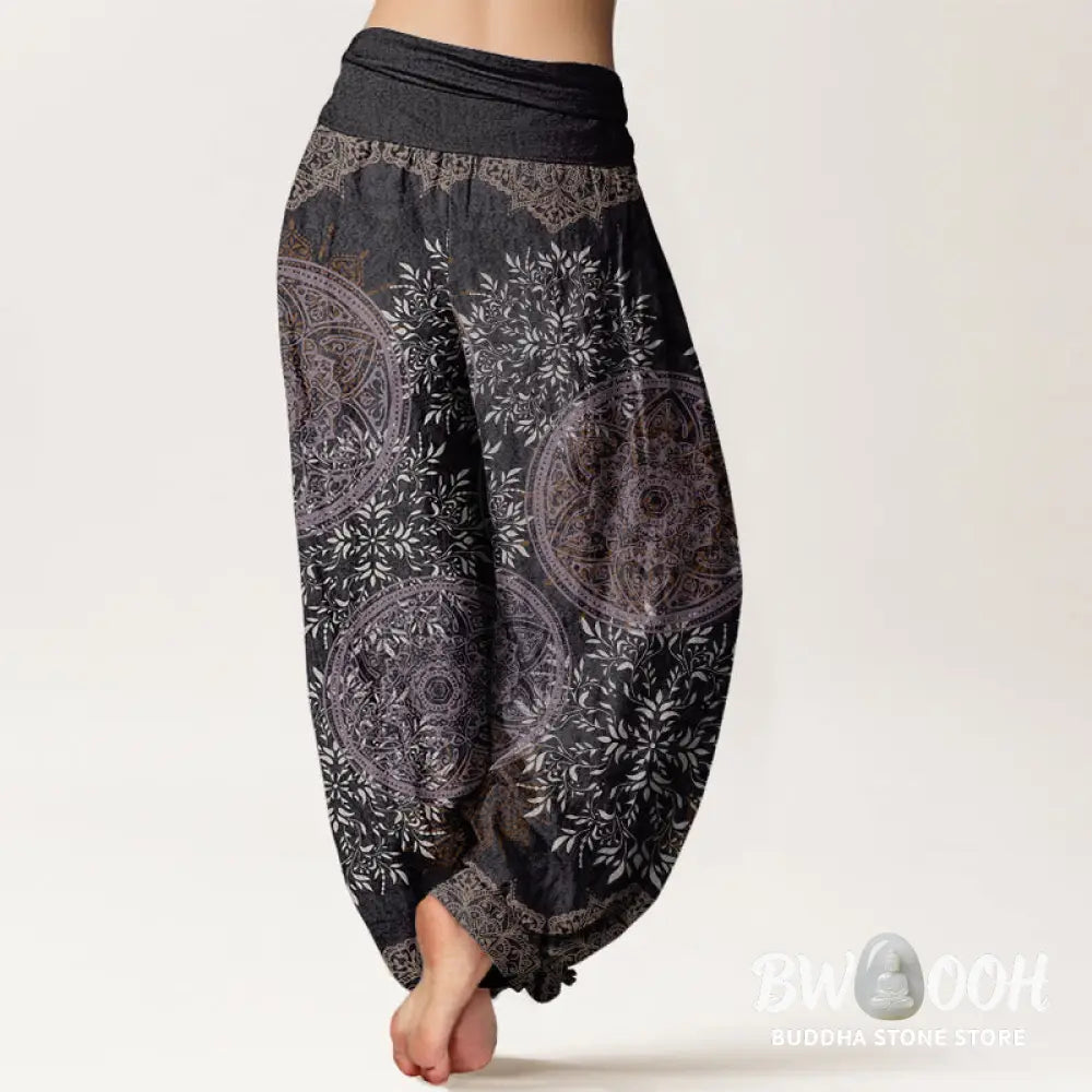Buddha Stones Cotton Mandala Pattern Leaves Women’s Elastic Waist Harem Pants - Women’s Harem Pants