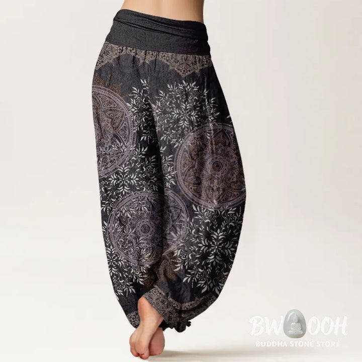 Buddha Stones Cotton Mandala Pattern Leaves Women’s Elastic Waist Harem Pants - Women’s Harem Pants