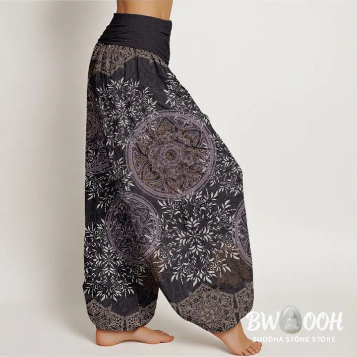 Buddha Stones Cotton Mandala Pattern Leaves Women’s Elastic Waist Harem Pants - Women’s Harem Pants