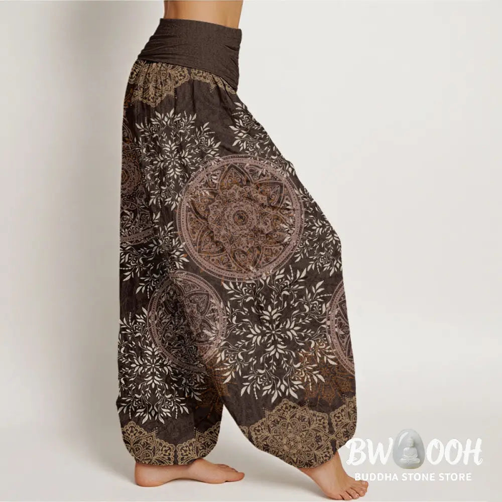Buddha Stones Cotton Mandala Pattern Leaves Women’s Elastic Waist Harem Pants - Women’s Harem Pants