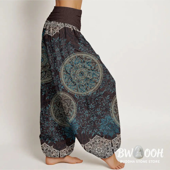 Buddha Stones Cotton Mandala Pattern Leaves Women’s Elastic Waist Harem Pants - Women’s Harem Pants
