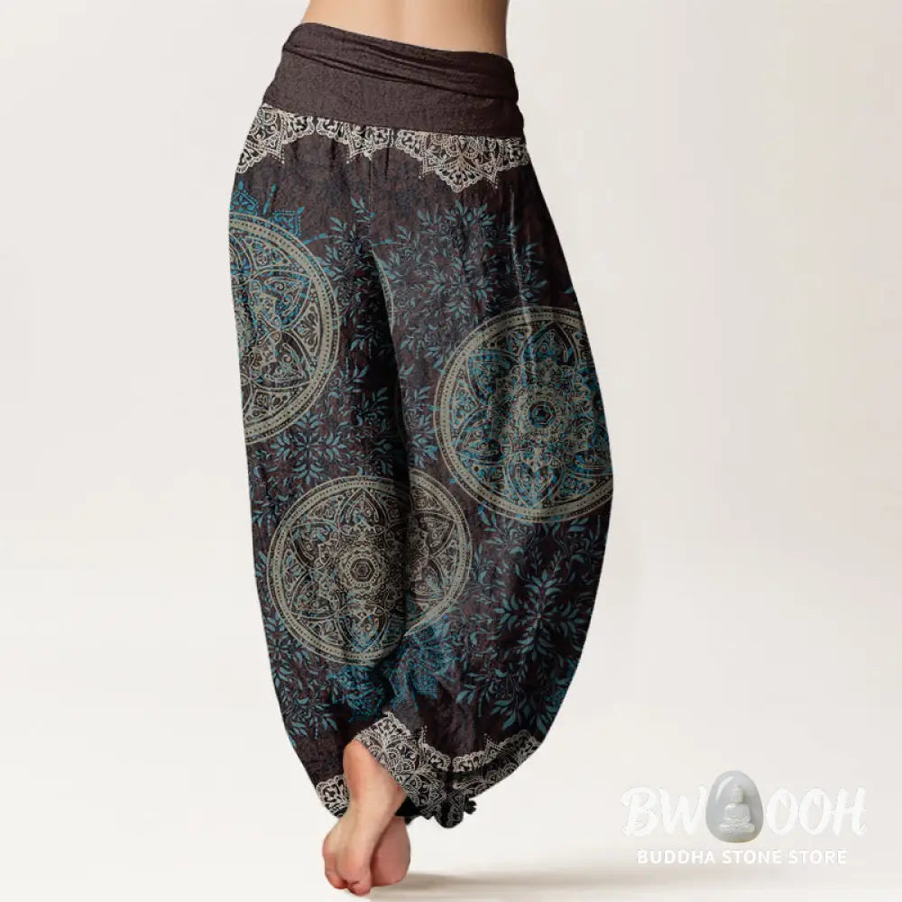 Buddha Stones Cotton Mandala Pattern Leaves Women’s Elastic Waist Harem Pants - Women’s Harem Pants