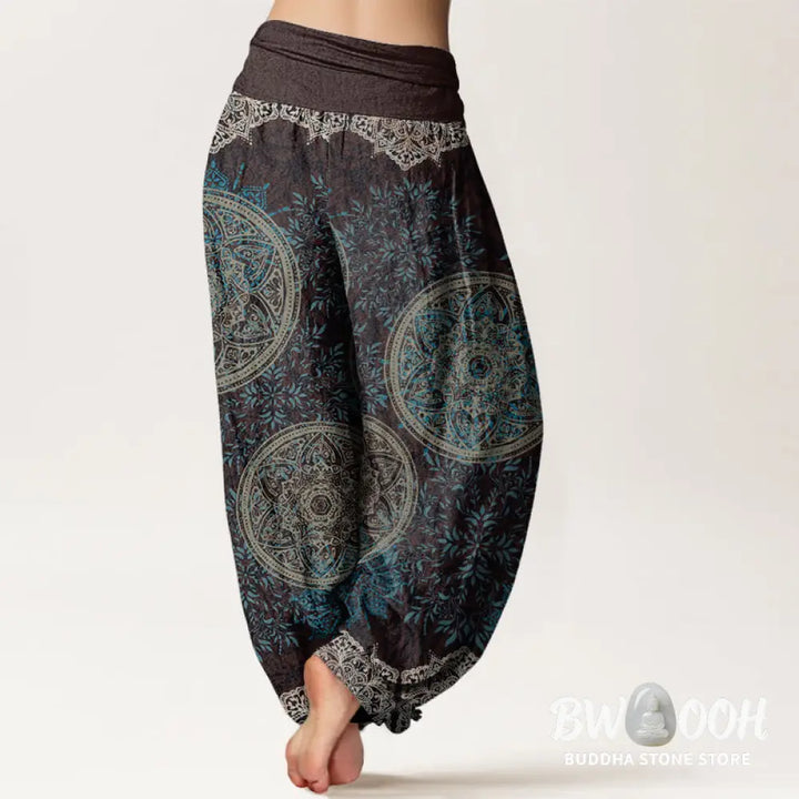 Buddha Stones Cotton Mandala Pattern Leaves Women’s Elastic Waist Harem Pants - Women’s Harem Pants