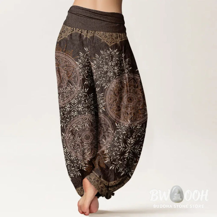Buddha Stones Cotton Mandala Pattern Leaves Women’s Elastic Waist Harem Pants - Women’s Harem Pants