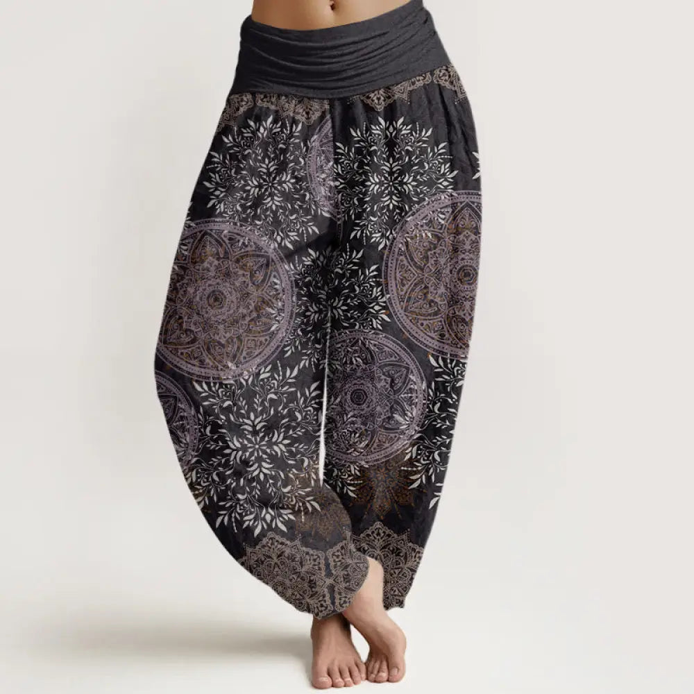 Buddha Stones Cotton Mandala Pattern Leaves Women’s Elastic Waist Harem Pants - DimGray / US2，UK/AU6，EU34 (XS)