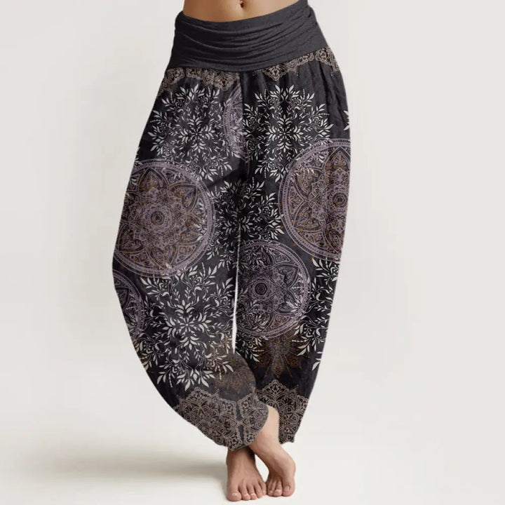 Buddha Stones Cotton Mandala Pattern Leaves Women’s Elastic Waist Harem Pants - DimGray / US2，UK/AU6，EU34 (XS)