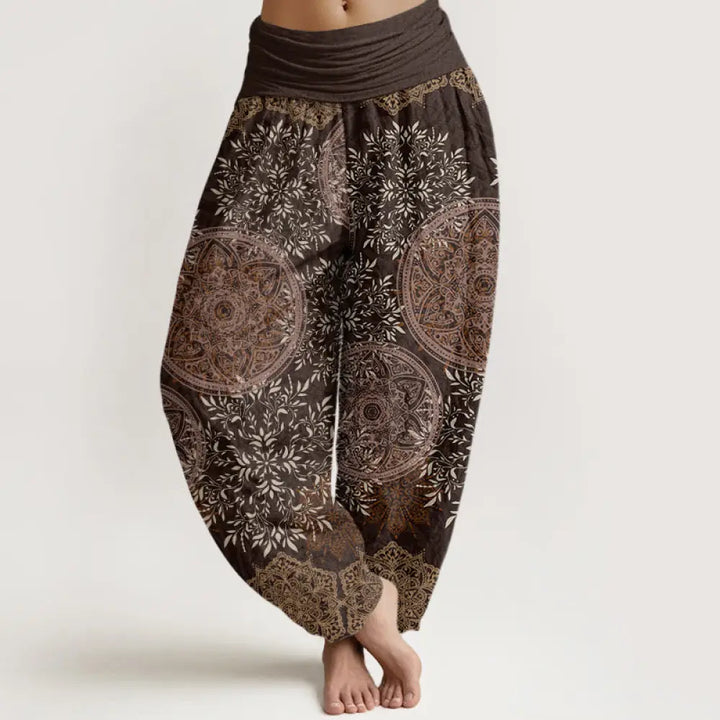 Buddha Stones Cotton Mandala Pattern Leaves Women’s Elastic Waist Harem Pants - SaddleBrown / US2，UK/AU6，EU34 (XS)
