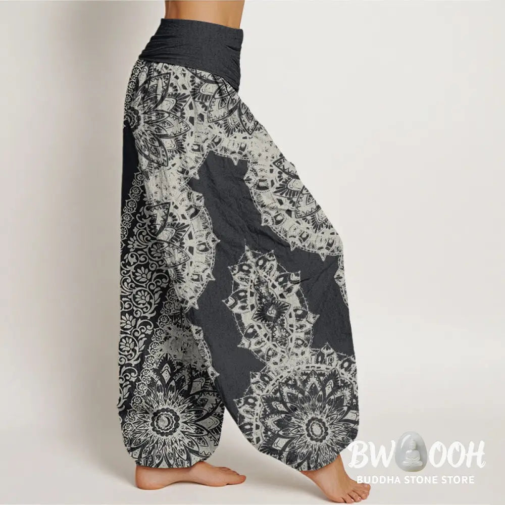 Buddha Stones Cotton Mandala Pattern Parallel Flowers Women’s Elastic Waist Harem Pants - Women’s Harem Pants