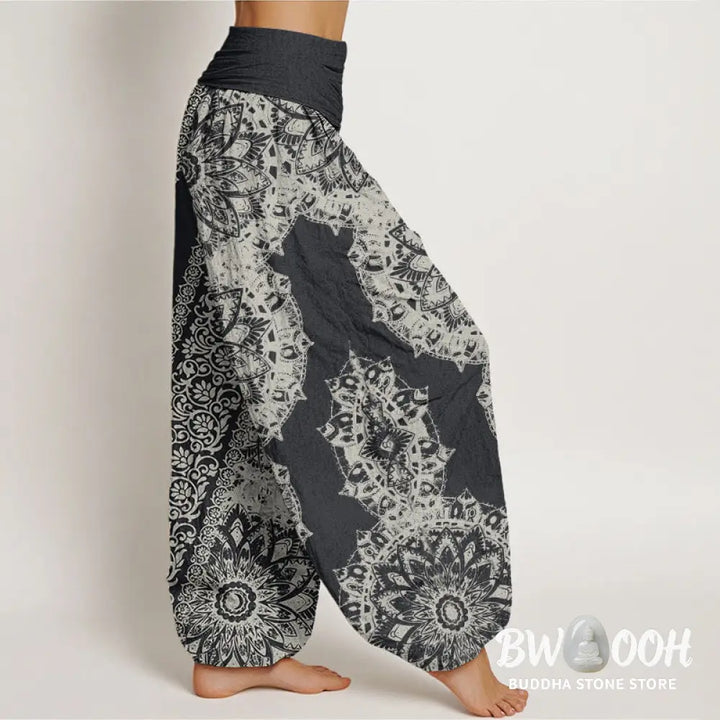 Buddha Stones Cotton Mandala Pattern Parallel Flowers Women’s Elastic Waist Harem Pants - Women’s Harem Pants