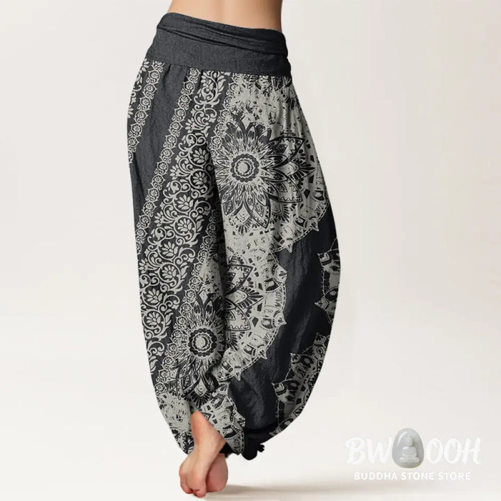 Buddha Stones Cotton Mandala Pattern Parallel Flowers Women’s Elastic Waist Harem Pants - Women’s Harem Pants